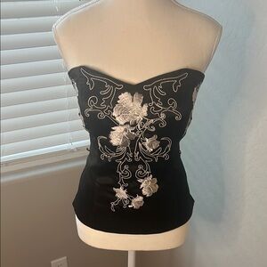White House Black Market Elegant Black Strapless Top with Floral Embroidery